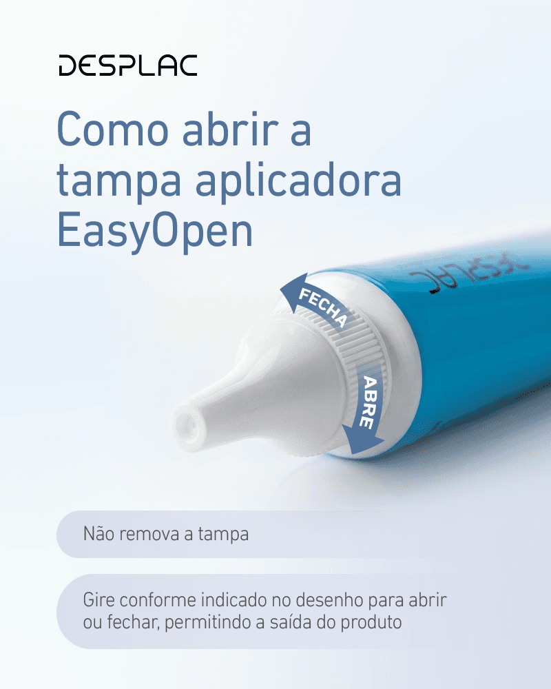 Como abrir a tampa aplicadora EasyOpen do gel oral Desplac®